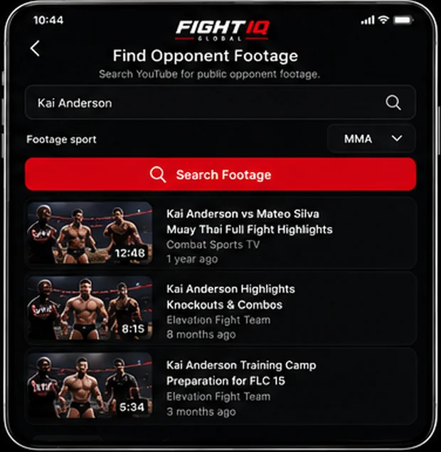 Fight IQ Opponent Footage Search screen