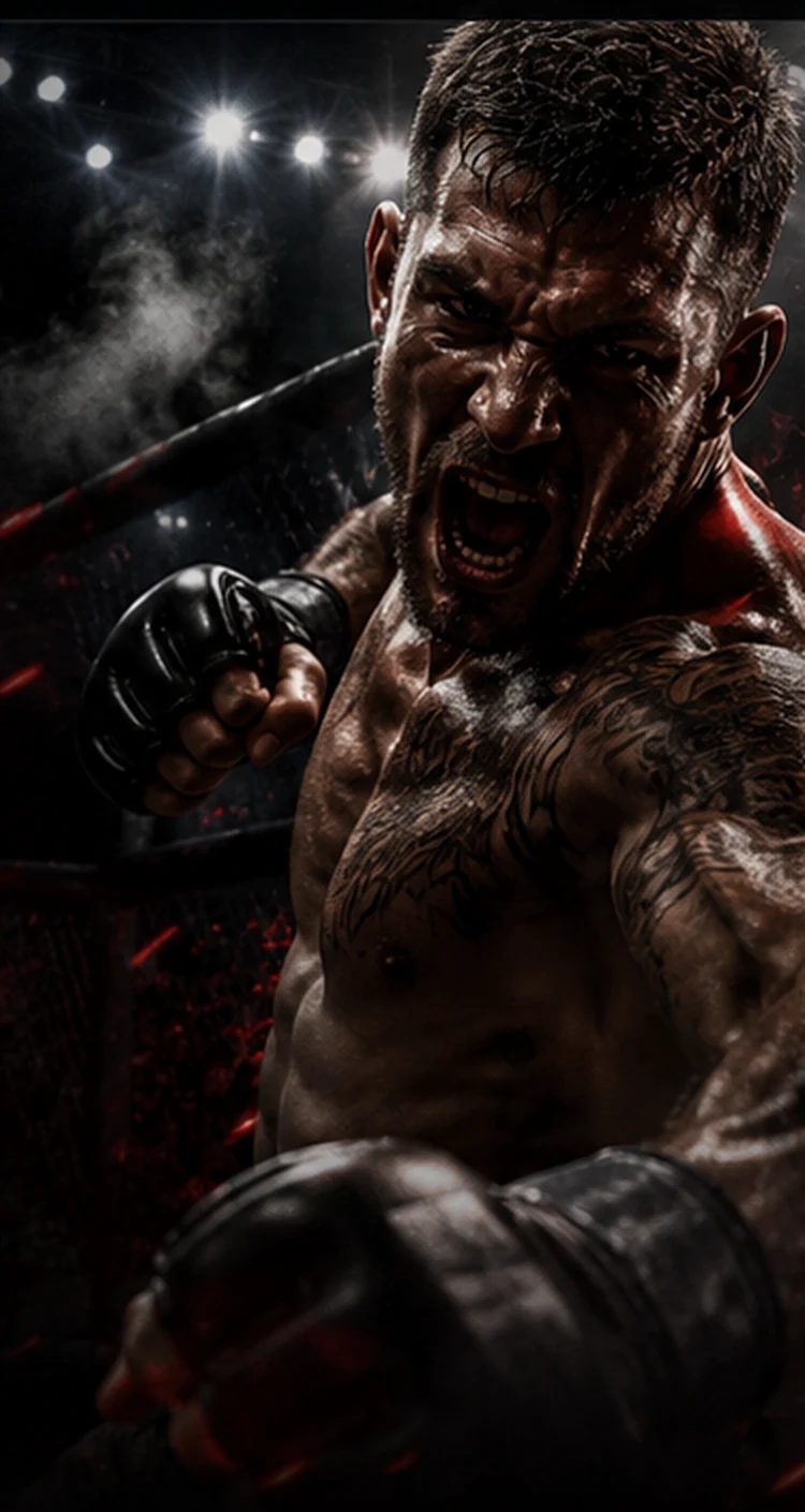 Combat sports fighter under arena lights